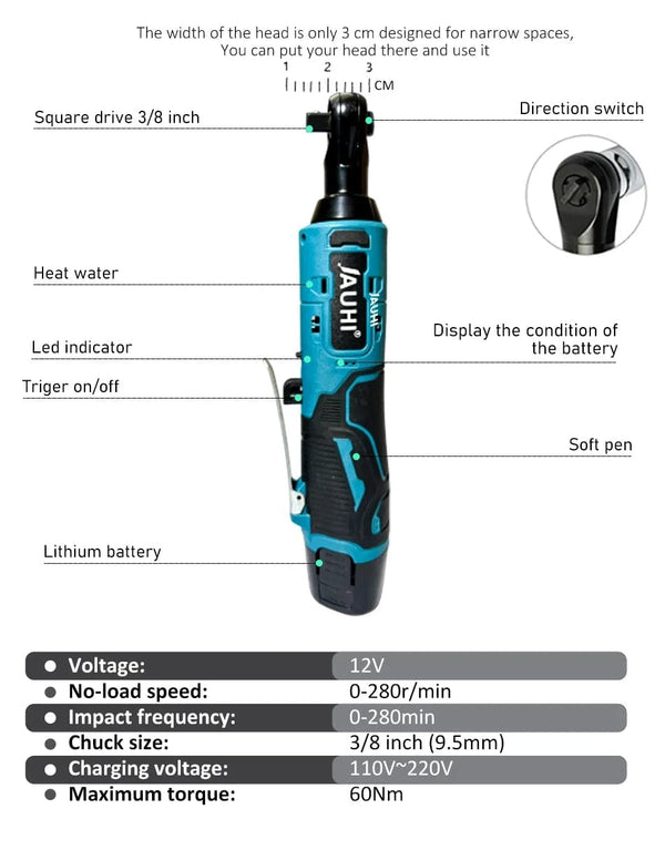Planet Gates JAUHI 12V Cordless Electric Wrench 3/8'' Right Angle Ratchet Wrench Angle Drill Screwdriver Removal Screw Nut Car Repair Tool