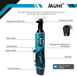Planet Gates JAUHI 12V Cordless Electric Wrench 3/8'' Right Angle Ratchet Wrench Angle Drill Screwdriver Removal Screw Nut Car Repair Tool