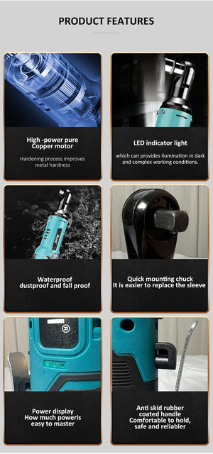 Planet Gates JAUHI 12V Cordless Electric Wrench 3/8'' Right Angle Ratchet Wrench Angle Drill Screwdriver Removal Screw Nut Car Repair Tool