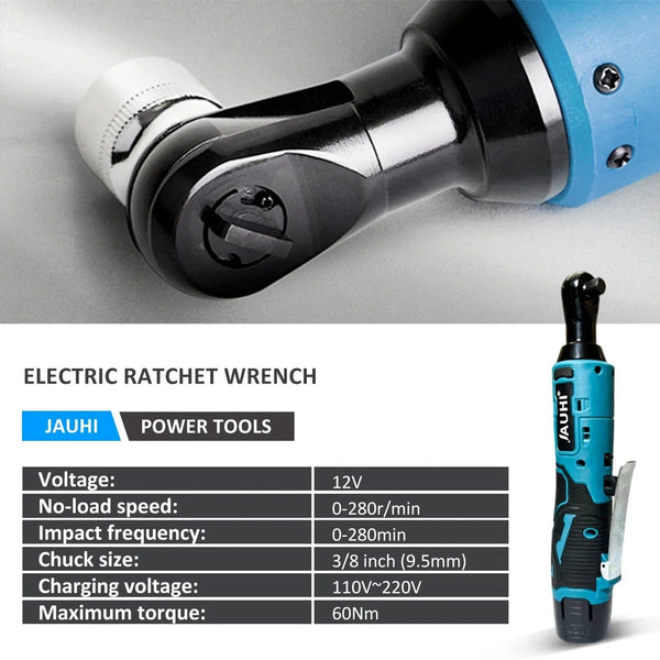Planet Gates JAUHI 12V Cordless Electric Wrench 3/8'' Right Angle Ratchet Wrench Angle Drill Screwdriver Removal Screw Nut Car Repair Tool