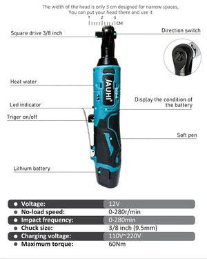 Planet Gates JAUHI 12V Impact Wrench Cordless Rechargeable Electric Wrench 3/8 Inch Right Angle Ratchet Wrenches Impact Driver Power Tool
