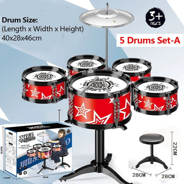 Planet Gates Jazz Drum Set for Kids 5 Drums / 3 Drums with Small Stool Drum Stick Set Music Instrument Educational Toys for Beginners Gifts