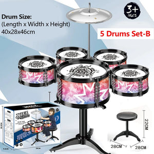 Planet Gates Jazz Drum Set for Kids 5 Drums / 3 Drums with Small Stool Drum Stick Set Music Instrument Educational Toys for Beginners Gifts