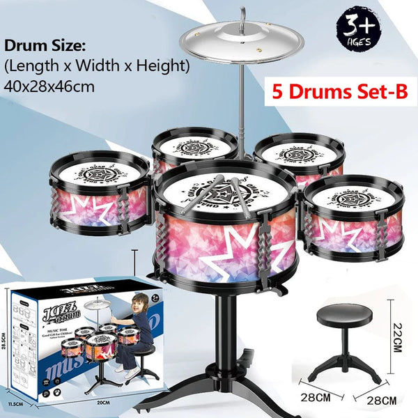 Planet Gates Jazz Drum Set for Kids 5 Drums / 3 Drums with Small Stool Drum Stick Set Music Instrument Educational Toys for Beginners Gifts