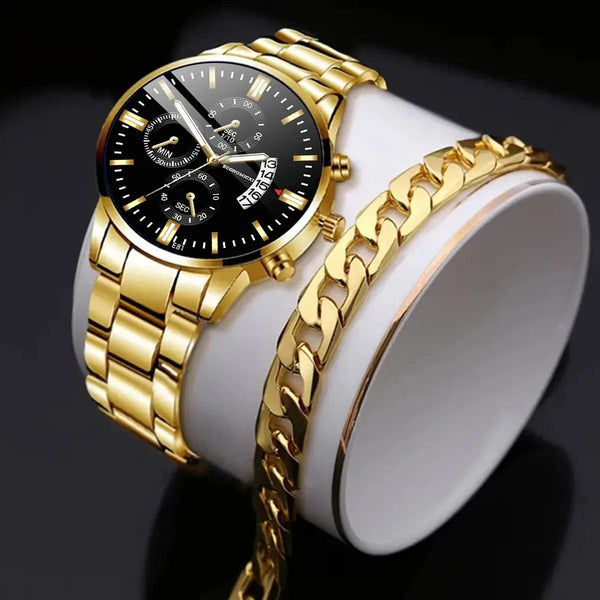 Planet Gates JHE81-HSG-SL01 1Pcs Men's Casual Business Trend Roman Day Digital Steel Band Quartz Watch 1PC Luxury Alloy Bracelet Birthday Christmas Gift Set