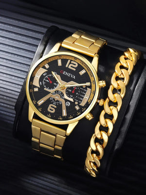 Planet Gates JHE81-HSG-SL01 1Pcs Men's Casual Business Trend Roman Day Digital Steel Band Quartz Watch 1PC Luxury Alloy Bracelet Birthday Christmas Gift Set