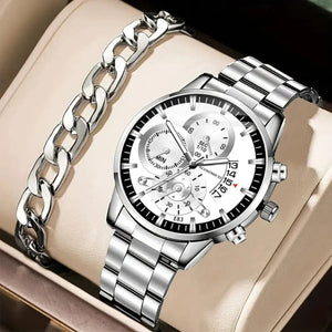 Planet Gates JHE81-HSG-SL01 1Pcs Men's Casual Business Trend Roman Day Digital Steel Band Quartz Watch 1PC Luxury Alloy Bracelet Birthday Christmas Gift Set