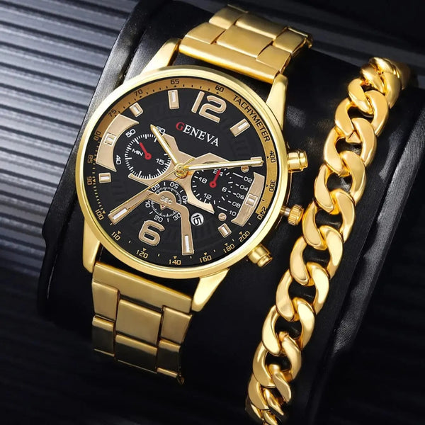 Planet Gates JHE81-HSG-SL01 1Pcs Men's Casual Business Trend Roman Day Digital Steel Band Quartz Watch 1PC Luxury Alloy Bracelet Birthday Christmas Gift Set