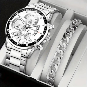 Planet Gates JHE81-HSG-SL01 1Pcs Men's Casual Business Trend Roman Day Digital Steel Band Quartz Watch 1PC Luxury Alloy Bracelet Birthday Christmas Gift Set