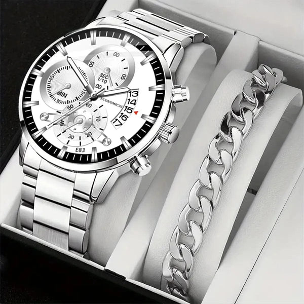 Planet Gates JHE81-HSG-SL01 1Pcs Men's Casual Business Trend Roman Day Digital Steel Band Quartz Watch 1PC Luxury Alloy Bracelet Birthday Christmas Gift Set