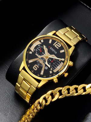 Planet Gates JHE81-HSG-SL01 1Pcs Men's Casual Business Trend Roman Day Digital Steel Band Quartz Watch 1PC Luxury Alloy Bracelet Birthday Christmas Gift Set