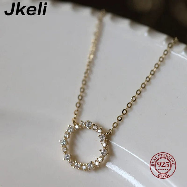 Planet Gates Jkeli -100% S925 Sterling Silver Plated 18K Gold Necklace with Full Diamond Circle Style Japanese and Korean K Gold Collar Chain