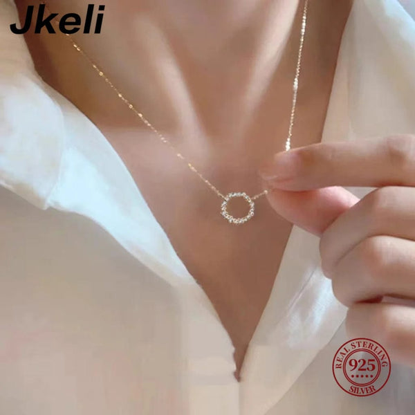 Planet Gates Jkeli -100% S925 Sterling Silver Plated 18K Gold Necklace with Full Diamond Circle Style Japanese and Korean K Gold Collar Chain