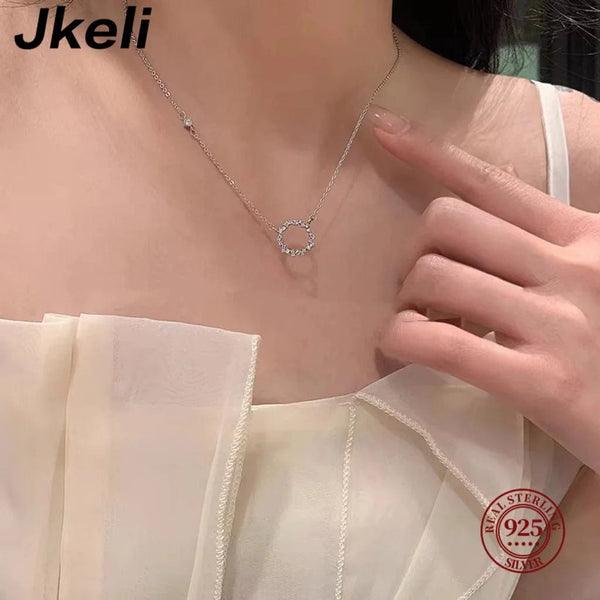 Planet Gates Jkeli -100% S925 Sterling Silver Plated 18K Gold Necklace with Full Diamond Circle Style Japanese and Korean K Gold Collar Chain
