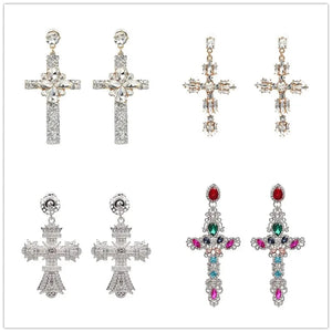 Planet Gates JURAN Baroque Vintage Big Cross Earrings For Women Large Long Earrings Jewelry Brincos Rhinestones Dangle Earrings Bijoux 2019