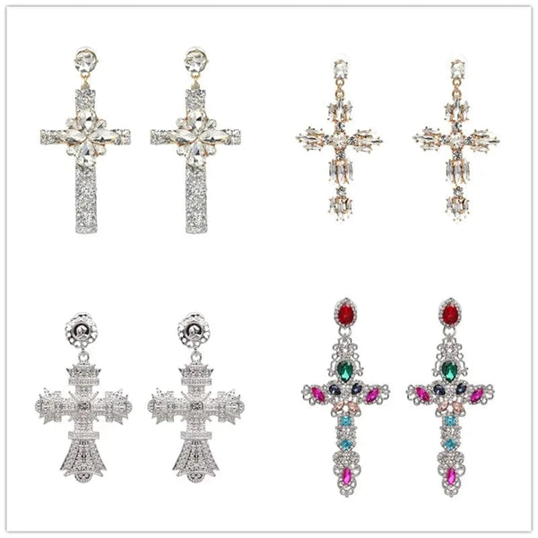 Planet Gates JURAN Baroque Vintage Big Cross Earrings For Women Large Long Earrings Jewelry Brincos Rhinestones Dangle Earrings Bijoux 2019