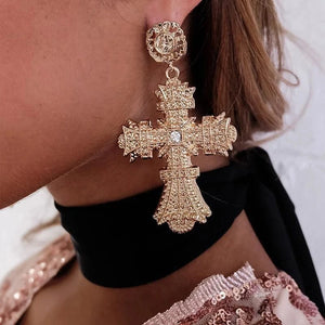Planet Gates JURAN Baroque Vintage Big Cross Earrings For Women Large Long Earrings Jewelry Brincos Rhinestones Dangle Earrings Bijoux 2019