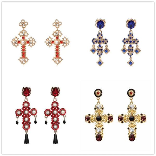 Planet Gates JURAN Baroque Vintage Big Cross Earrings For Women Large Long Earrings Jewelry Brincos Rhinestones Dangle Earrings Bijoux 2019