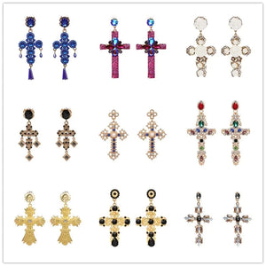 Planet Gates JURAN Baroque Vintage Big Cross Earrings For Women Large Long Earrings Jewelry Brincos Rhinestones Dangle Earrings Bijoux 2019