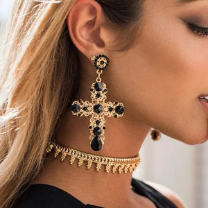 Planet Gates JURAN Baroque Vintage Big Cross Earrings For Women Large Long Earrings Jewelry Brincos Rhinestones Dangle Earrings Bijoux 2019