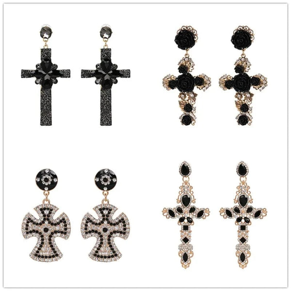 Planet Gates JURAN Baroque Vintage Big Cross Earrings For Women Large Long Earrings Jewelry Brincos Rhinestones Dangle Earrings Bijoux 2019