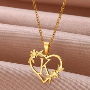Planet Gates K / 45cm / CHINA Gold Color Dainty Flower Initials Necklace Women Girl Stainless Steel Heart Letter Choker Necklace Best Gifts Alphabet Jewelry
