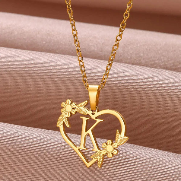 Planet Gates K / 45cm / CHINA Gold Color Dainty Flower Initials Necklace Women Girl Stainless Steel Heart Letter Choker Necklace Best Gifts Alphabet Jewelry