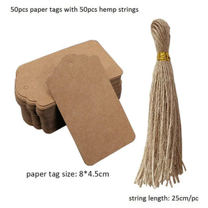 Planet Gates K-8x4.5cm-kraft 50pcs Kraft Paper Tags White Cardboard Cards with Strings Wedding Birthday Christmas Party Gift Tag Cookie Packaging Supplies