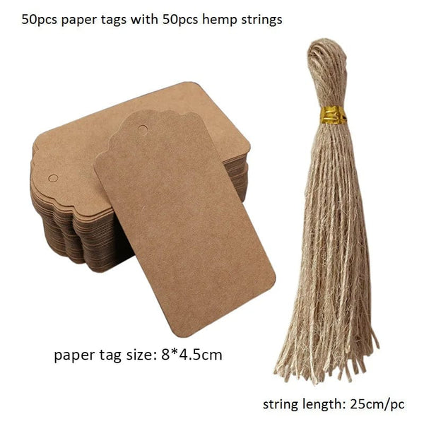 Planet Gates K-8x4.5cm-kraft 50pcs Kraft Paper Tags White Cardboard Cards with Strings Wedding Birthday Christmas Party Gift Tag Cookie Packaging Supplies