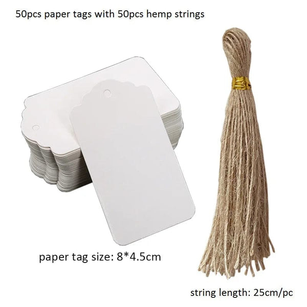 Planet Gates K-8x4.5cm-white 50pcs Kraft Paper Tags White Cardboard Cards with Strings Wedding Birthday Christmas Party Gift Tag Cookie Packaging Supplies