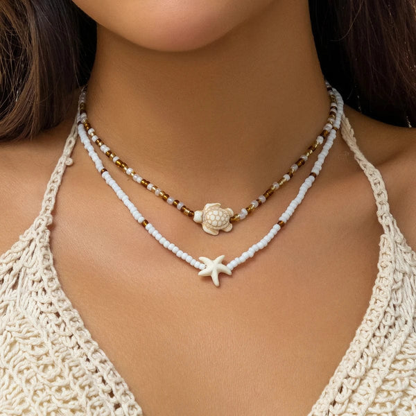 Planet Gates K1BK04518 KunJoe Bohemian Mixed Color Rice Beads Starfish Pendant Necklace Set for Women Men Fashion Beach Choker Clavicle Chain Jewelry