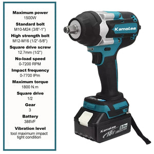 Planet Gates Kamolee 1800 N.M Torque DTW700 Brushless Electric Impact Wrench 1/2 In Lithium-Ion Battery For Makita 18V Battery