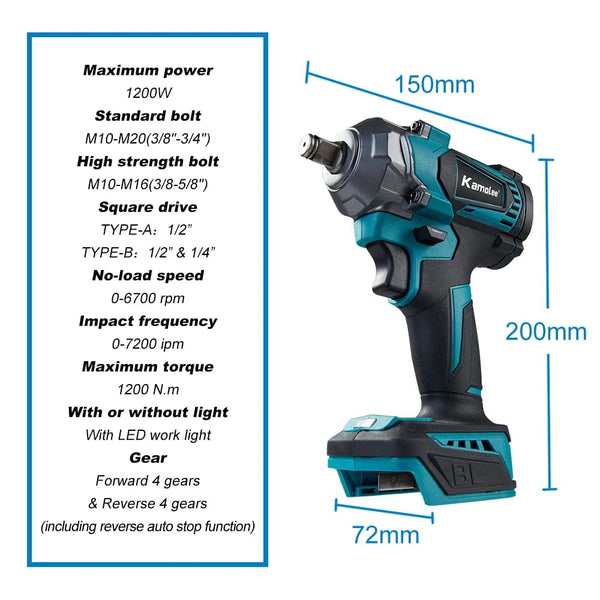 Planet Gates Kamolee Electric Wrench DTW500 Brushless Cordless 1200 N.m Included Battery and Charger Compatible with 18V Makita Battery