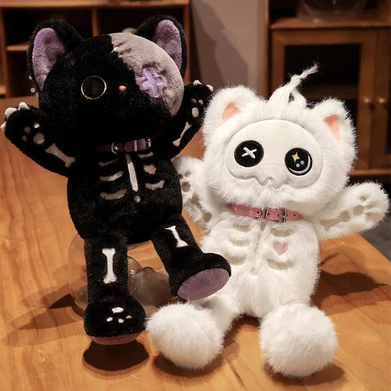 Planet Gates Kawaii Black Skeleton Cat Plush Toy Creative Stuffed Animal Fluffly Gothic Skull Kitten for Kids Halloween Gifts
