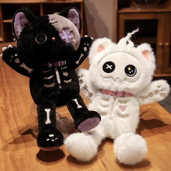 Planet Gates Kawaii Black Skeleton Cat Plush Toy Creative Stuffed Animal Fluffly Gothic Skull Kitten for Kids Halloween Gifts