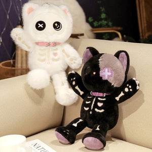 Planet Gates Kawaii Black Skeleton Cat Plush Toy Creative Stuffed Animal Fluffly Gothic Skull Kitten for Kids Halloween Gifts