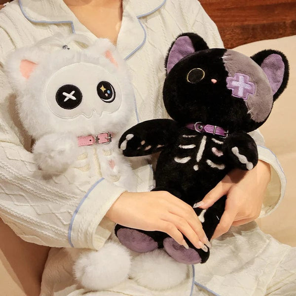 Planet Gates Kawaii Black Skeleton Cat Plush Toy Creative Stuffed Animal Fluffly Gothic Skull Kitten for Kids Halloween Gifts
