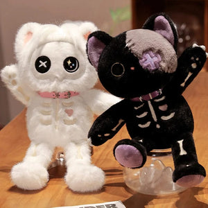 Planet Gates Kawaii Black Skeleton Cat Plush Toy Creative Stuffed Animal Fluffly Gothic Skull Kitten for Kids Halloween Gifts