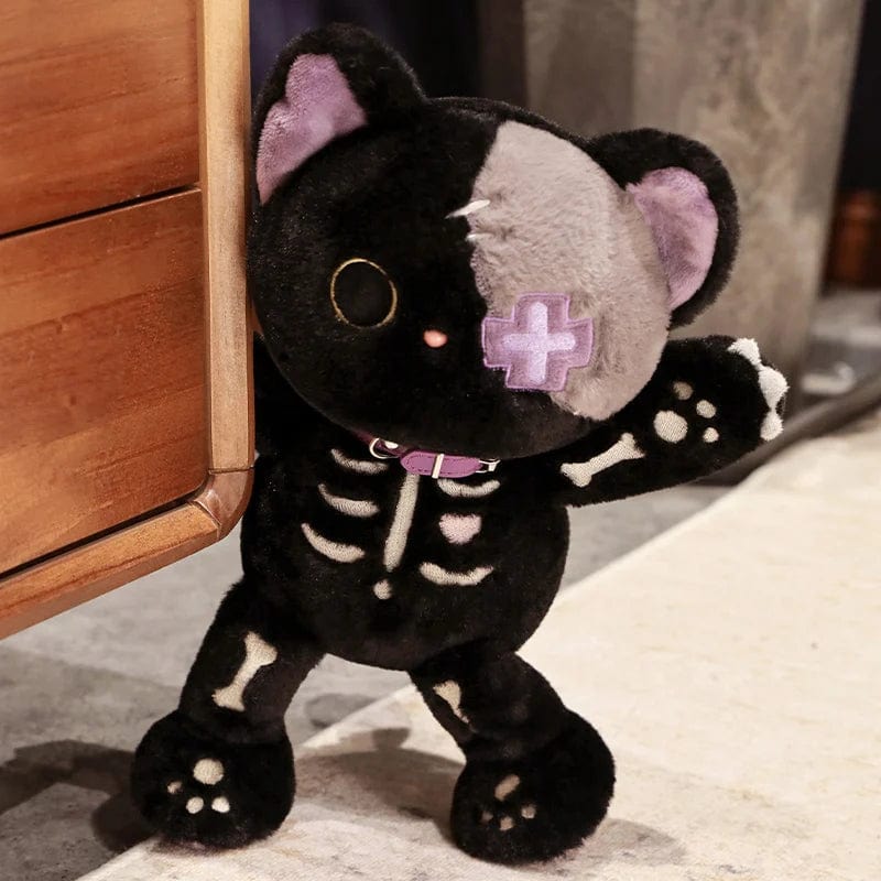 Planet Gates Kawaii Black Skeleton Cat Plush Toy Creative Stuffed Animal Fluffly Gothic Skull Kitten for Kids Halloween Gifts