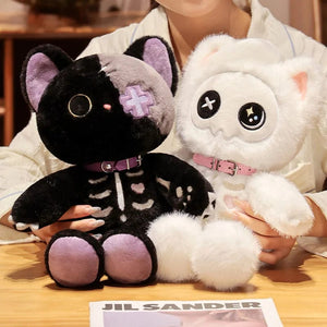 Planet Gates Kawaii Black Skeleton Cat Plush Toy Creative Stuffed Animal Fluffly Gothic Skull Kitten for Kids Halloween Gifts