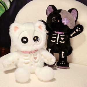 Planet Gates Kawaii Black Skeleton Cat Plush Toy Creative Stuffed Animal Fluffly Gothic Skull Kitten for Kids Halloween Gifts