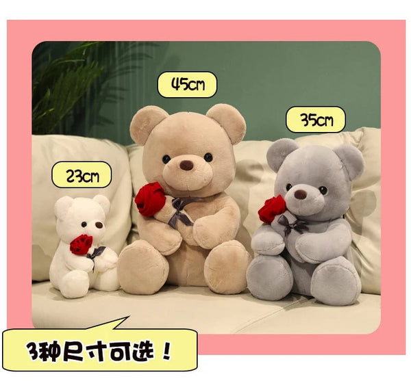 Planet Gates Kawaii Teddy Bear with Roses Plush Toy Soft Bear Stuffed Doll Romantic Gift for Lover Home Decor Valentine's Day Gifts for Girls