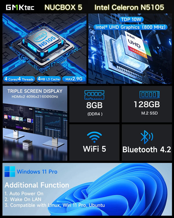 Planet Gates KB5 EU Plug / 8GB RAM 128GB ROM GMKtec KB5 Mini PC Intel Celeron N5105 Windows 11 Pro 4K Mini PC DDR4 8GB RAM 128GB ROM WiFi5 BT4.2 Desktop Computer Work