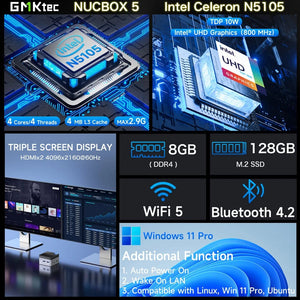 Planet Gates KB5 EU Plug / 8GB RAM 128GB ROM GMKtec KB5 Mini PC Intel Celeron N5105 Windows 11 Pro 4K Mini PC DDR4 8GB RAM 128GB ROM WiFi5 BT4.2 Desktop Computer Work