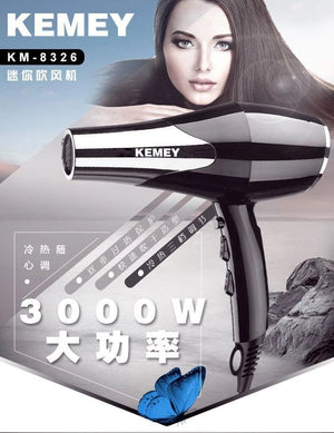 Planet Gates Kemei 3000 Watt Full Size Pro Hair Dryer Professional Salon Blow Dryer with Concentrator Nozzle Attachments 3 Speeds fast Dry