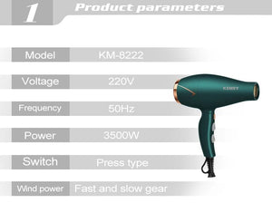 Planet Gates Kemei 3500W Hot and Cold Wind Hair Dryer Foldable Compact Blow Dryer Hairdryer Hair Styling Tools for Salons and Household Use