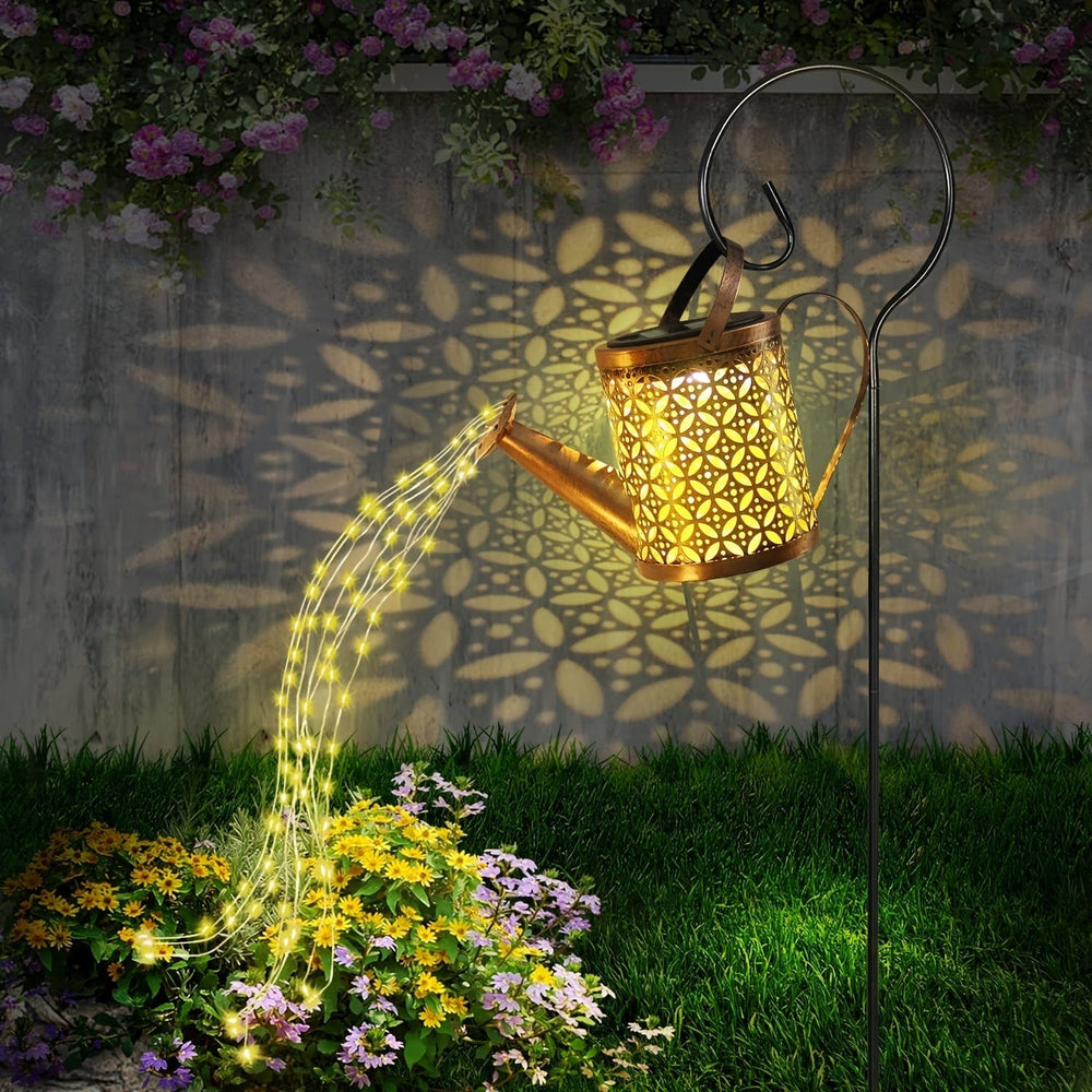 Planet Gates Kettle Lamp+Shepherd Hook Solar-powered Watering Can With Lights, Waterproof Outdoor Hanging Solar Lantern, For Garden Decoration, Outdoor Solar Garden Decoration, Vintage Metal Solar Garden Lamp, For Lawn, Pathway, Terrace, Outdoor