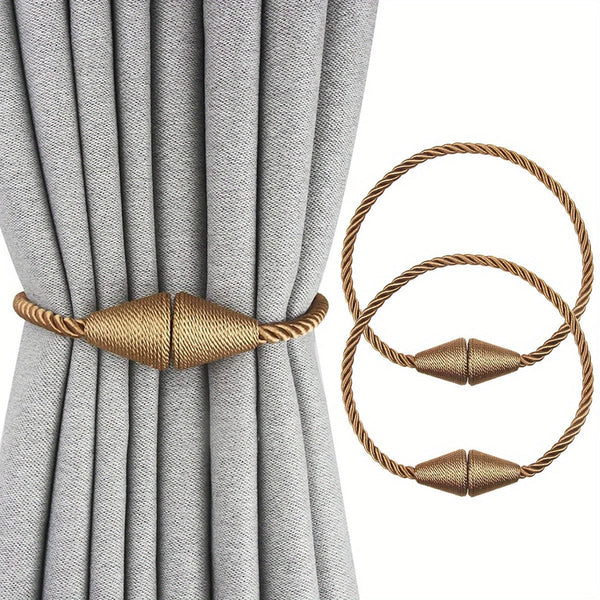 Planet Gates Khaki 2pcs Modern Magnetic Curtain Tiebacks - Handmade Weave Holdbacks for Bedroom and Living Room - Easy to Use and Stylish Home Decor
