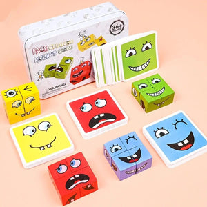 Planet Gates Kids Emotions Expression Game Wooden Cube Face Changing Board Cartoon Puzzle Toy Montessori Thinking Challenge Games
