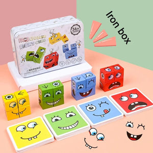 Planet Gates Kids Emotions Expression Game Wooden Cube Face Changing Board Cartoon Puzzle Toy Montessori Thinking Challenge Games